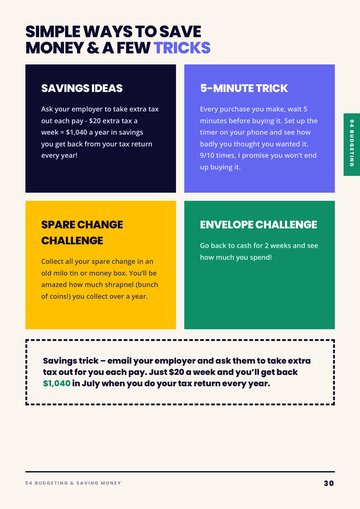 Simple ways to save money, including the spare change and five-minute challenges.